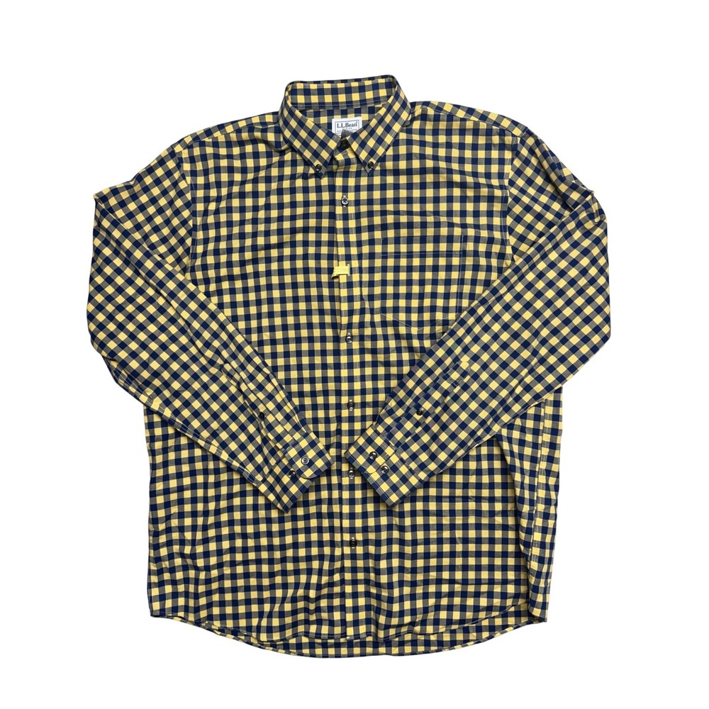LL Bean Mens Traditional Fit Gingham Button Down Shirt Yellow Navy Blue L-REG